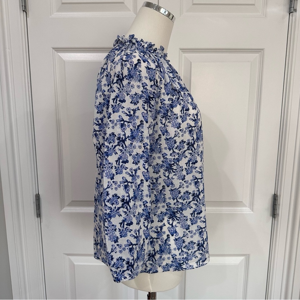 Rebecca Taylor Cotton Floral Blue White Smocked Ruffle Boho V-Neck Blouse Size 2 - Picture 6 of 10